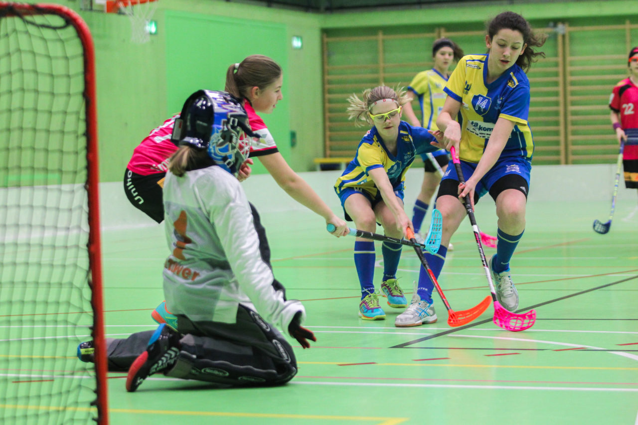 Hardau (Zürich), 28.01.2017, Unihockey Juniorinnen C 8. Runde, Unihockey Limmattal I - UHC Dietlikon, Lena Fleischlin (Nr. 2, UHC Dietlikon) und Carla Tognoni (Nr. 14, UHC Dietlikon) vor dem Limmattaler Tor

(Claudio Schwarz, unihockey-fotos.ch)