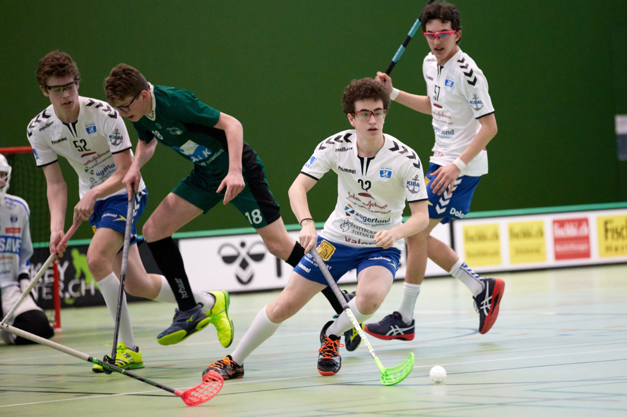 Zug United Junioren U16A Playoff Halbfinal 1. Spiel 
Zug United - SV Wiler-Ersigen 
Resultat 4 : 5 nach Verlängerung  am 24. März 2019 in der Sporthalle der Kantonsschule Zug 
Bild: Michael Peter