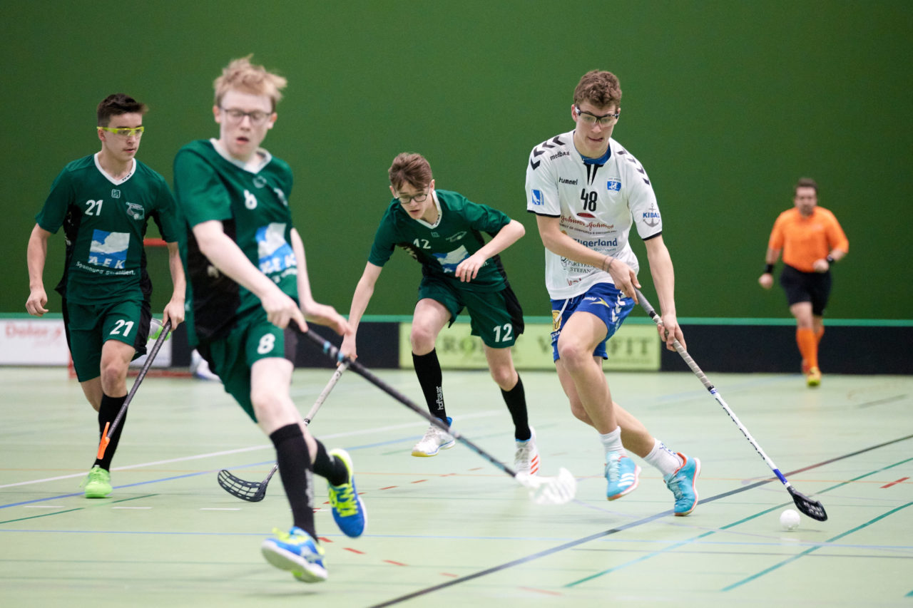 Zug United Junioren U16A Playoff Halbfinal 1. Spiel 
Zug United - SV Wiler-Ersigen 
Resultat 4 : 5 nach Verlängerung  am 24. März 2019 in der Sporthalle der Kantonsschule Zug 
Bild: Michael Peter