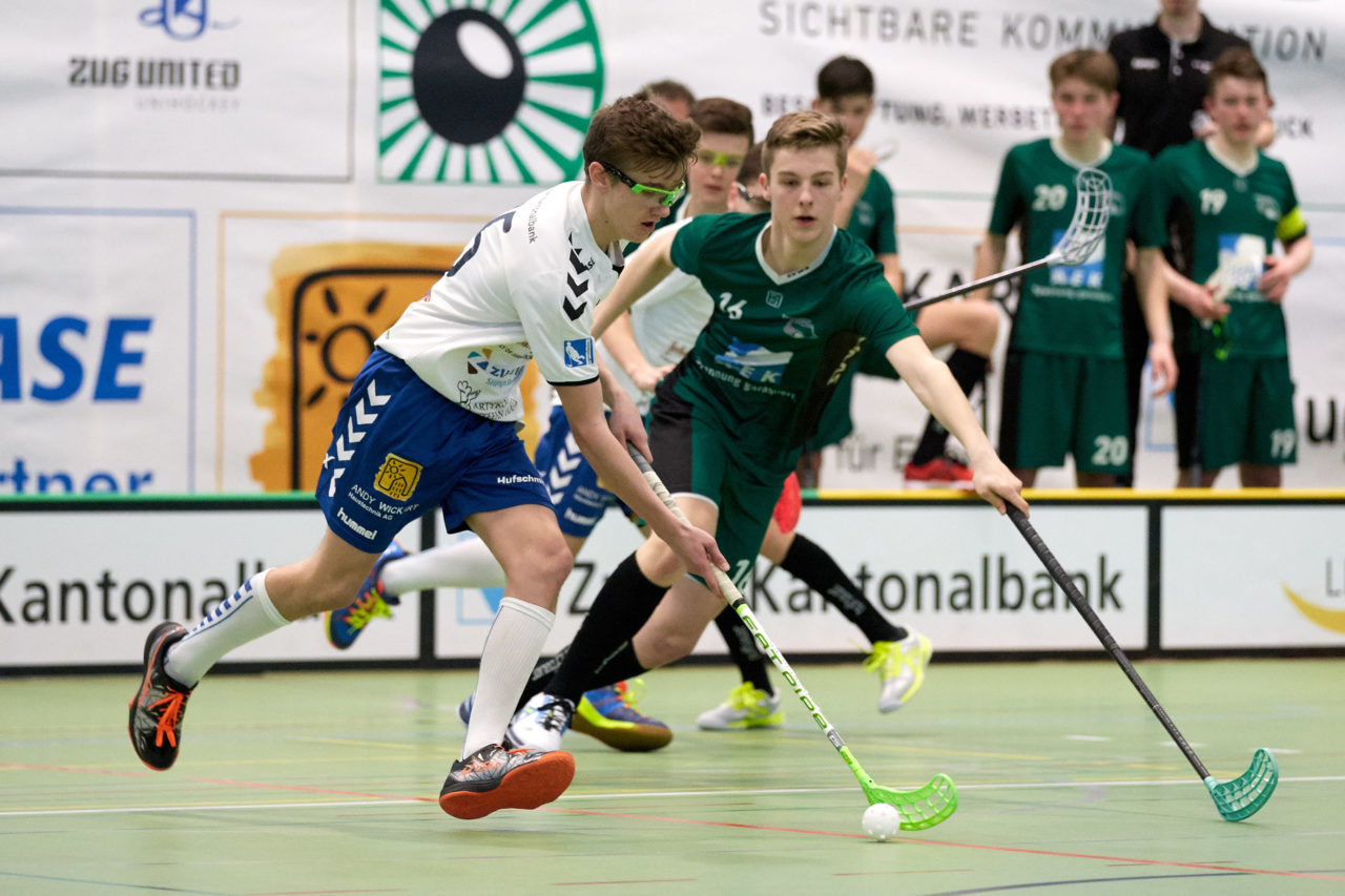 Zug United Junioren U16A Playoff Halbfinal 1. Spiel 
Zug United - SV Wiler-Ersigen 
Resultat 4 : 5 nach Verlängerung  am 24. März 2019 in der Sporthalle der Kantonsschule Zug 
Bild: Michael Peter