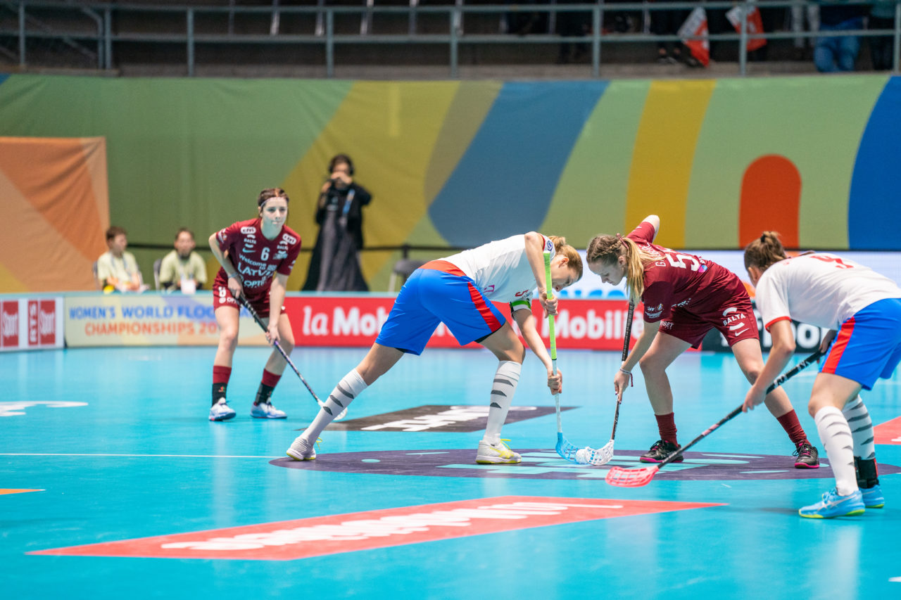 WFC 2019, Switzerland: 08.12.2019, Neuchâtel, Patinoire du Littoral, Eliška Krupnová (#5, Czech Republic) and Eliza Elizabete Berzina  (#5, Latvia)

Event page: neuchatel2019.ch
Credit: Claudio Schwarz, unihockey-fotos.ch