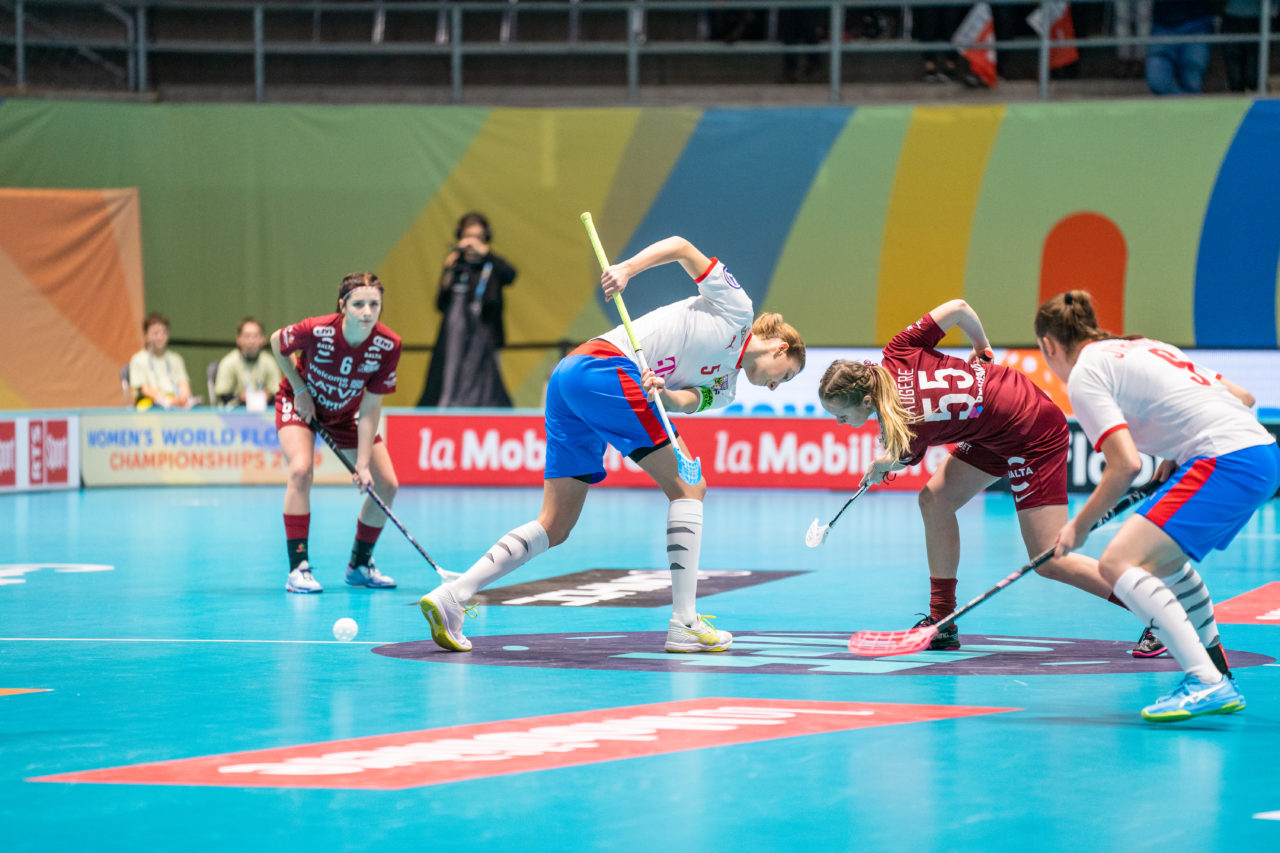 WFC 2019, Switzerland: 08.12.2019, Neuchâtel, Patinoire du Littoral, Eliška Krupnová (#5, Czech Republic) and Eliza Elizabete Berzina  (#5, Latvia)

Event page: neuchatel2019.ch
Credit: Claudio Schwarz, unihockey-fotos.ch