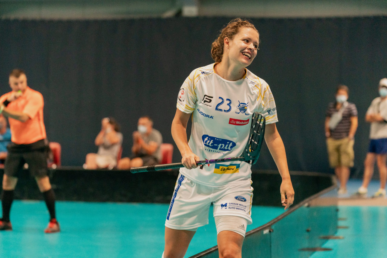 Mobiliar Trophy, Red Ants Rychenberg Winterthur - Kloten-Dietlikon Jets, Switzerland: 21.08.2020, Winterthur, Win-4 Trainingshalle, Isabelle Gerig (Nr. 23, Kloten-Dietlikon Jets) jubelt

Credit: Claudio Schwarz, unihockey-fotos.ch
